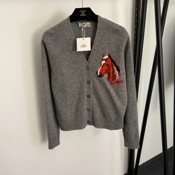 CLHERMES0040-01 Hermes Embroidered Jacquard V-Neck Cardigan