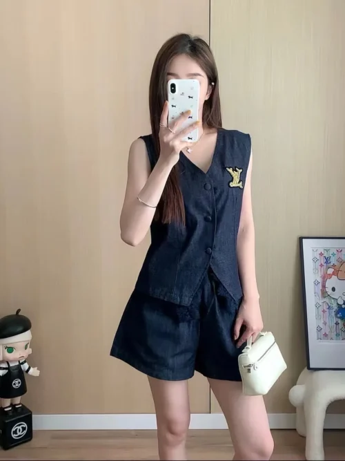 Louis Vuitton Denim Embroidered V-Neck Jacket and Shorts Set