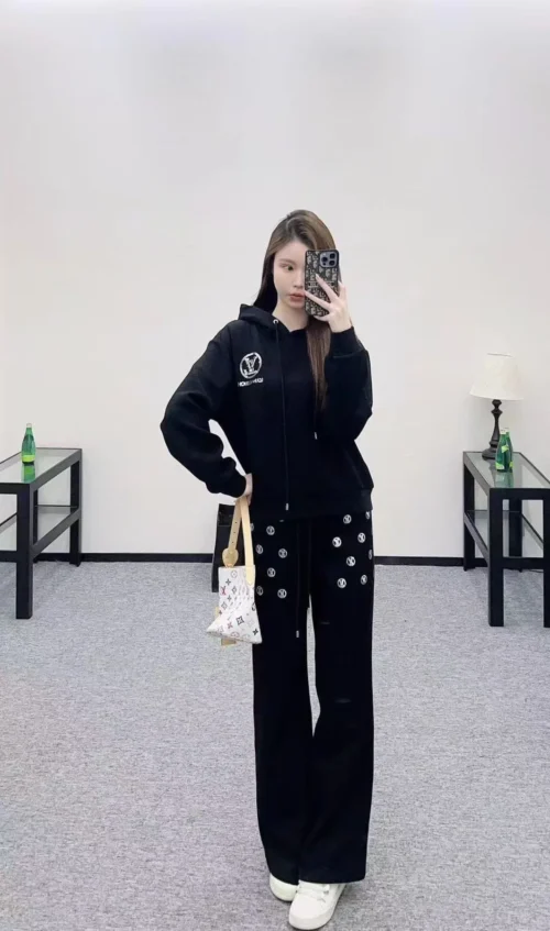 Louis Vuitton Sequined Hooded Wide-Leg Logo Hoodie and Pants Set