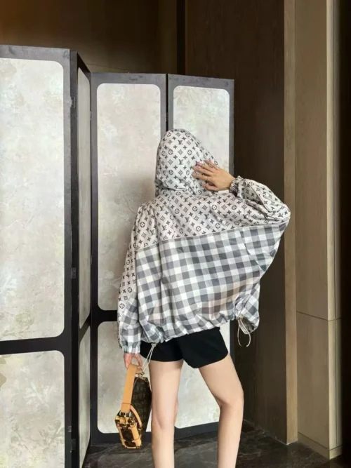 Louis Vuitton Monogram Printed Plaid Hooded Trench Jacket