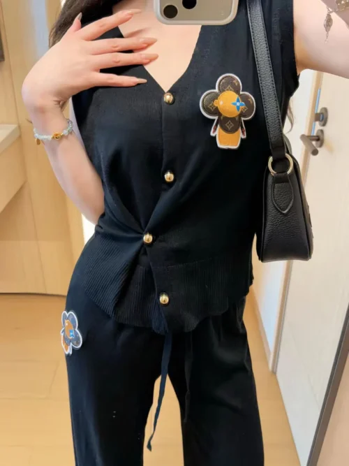 Louis Vuitton Embroidered Monogram V-Neck High-Waist Knit Jacket and Pants Set