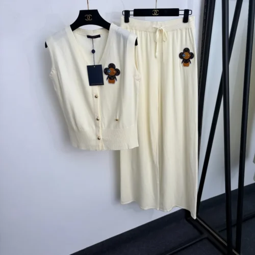 Louis Vuitton Embroidered Monogram V-Neck High-Waist Knit Jacket and Pants Set