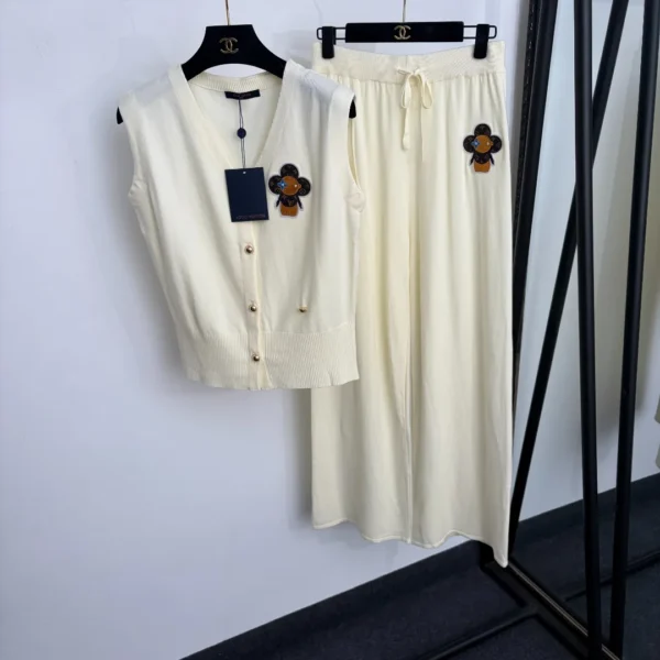 Louis Vuitton Embroidered Monogram V-Neck High-Waist Knit Jacket and Pants Set