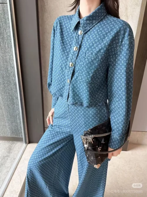 Louis Vuitton Denim Monogram All-Over Print High-Waist Jacket and Pants Set