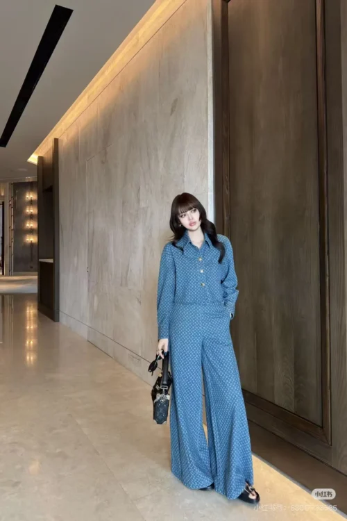 Louis Vuitton Denim Monogram All-Over Print High-Waist Jacket and Pants Set