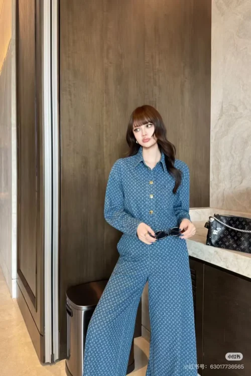 Louis Vuitton Denim Monogram All-Over Print High-Waist Jacket and Pants Set