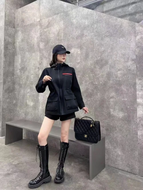 Prada Hooded Zip-Up Drawstring Logo Trench Jacket
