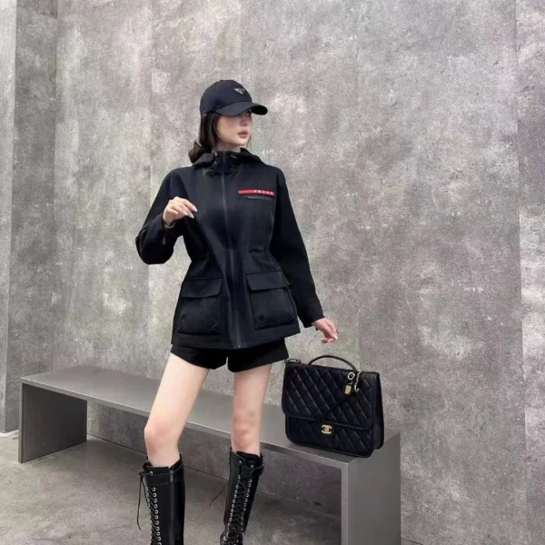 Prada Hooded Zip-Up Drawstring Logo Trench Jacket