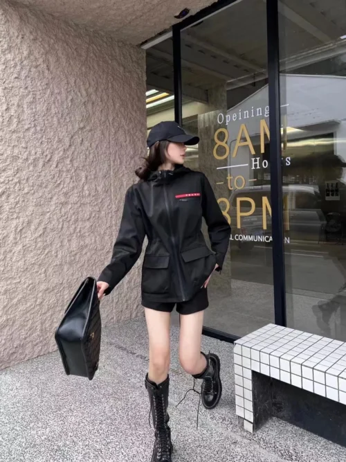 Prada Hooded Zip-Up Drawstring Logo Trench Jacket