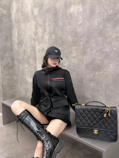 Prada Hooded Zip-Up Drawstring Logo Trench Jacket