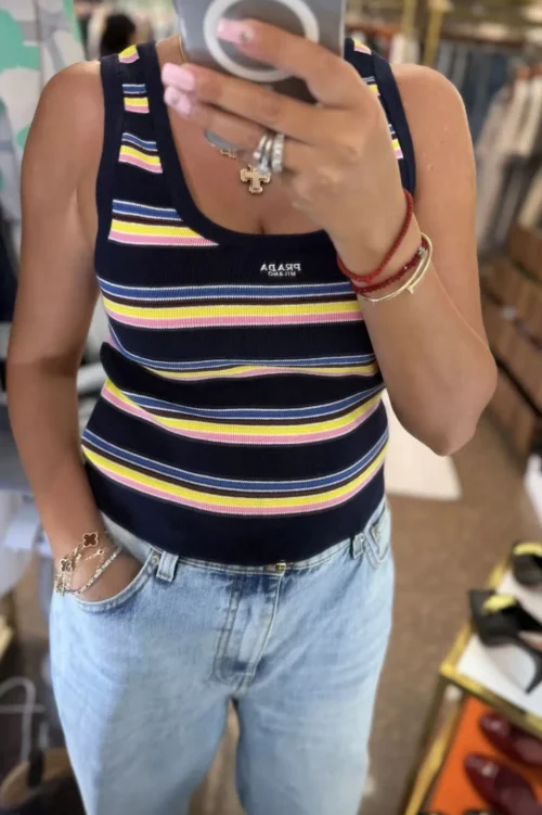 Prada Embroidered Colorblock Striped Tank Top