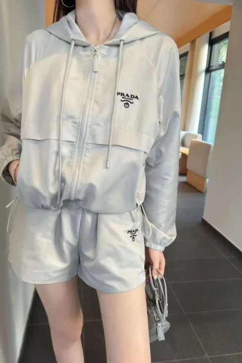 Prada Embroidered Hooded Zip-Up Jacket and Shorts Set