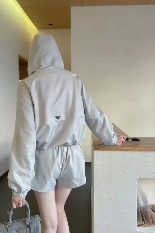 Prada Embroidered Hooded Zip-Up Jacket and Shorts Set