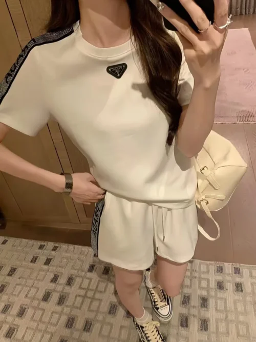 Prada Rhinestone Logo T-Shirt and Shorts Set