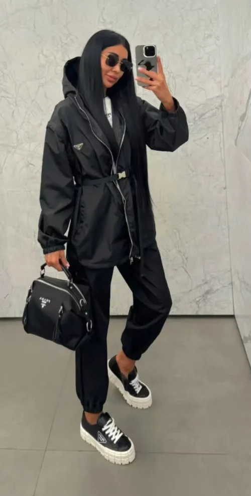 Prada Hooded Zip-Up Logo Jacket and Pants Set