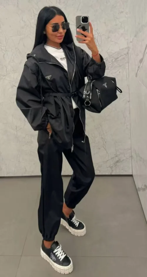 Prada Hooded Zip-Up Logo Jacket and Pants Set