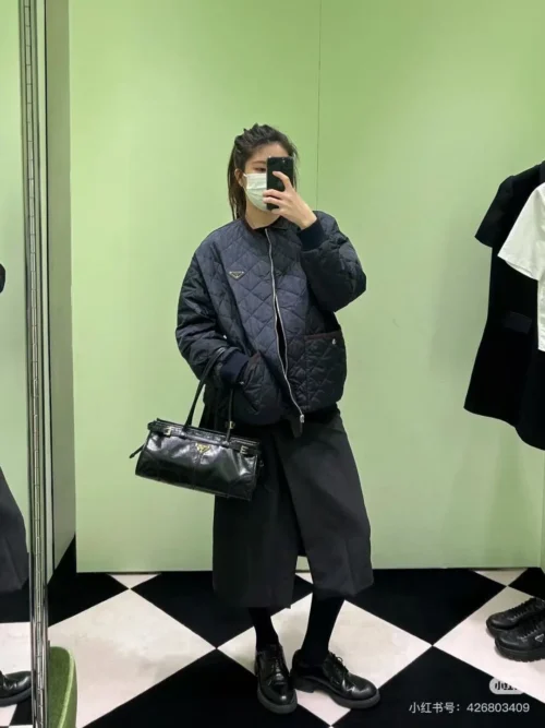 Prada Embroidered Plaid Zip-Up Jacket