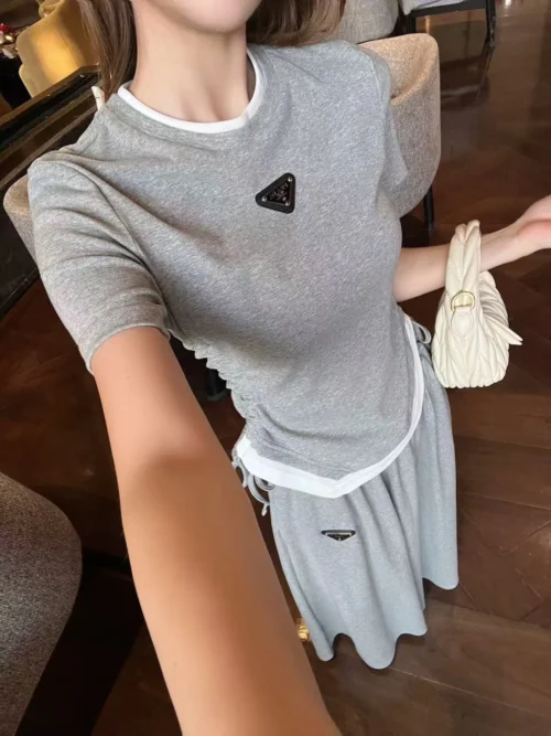 Prada Drawstring Logo T-Shirt and Skirt Set