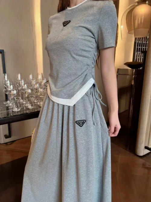 Prada Drawstring Logo T-Shirt and Skirt Set