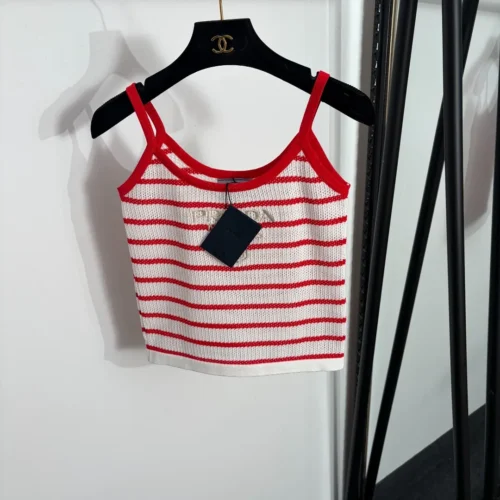 Prada Cutout Embroidered Striped Camisole Top