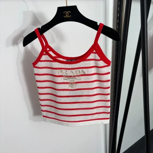 Prada Cutout Embroidered Striped Camisole Top