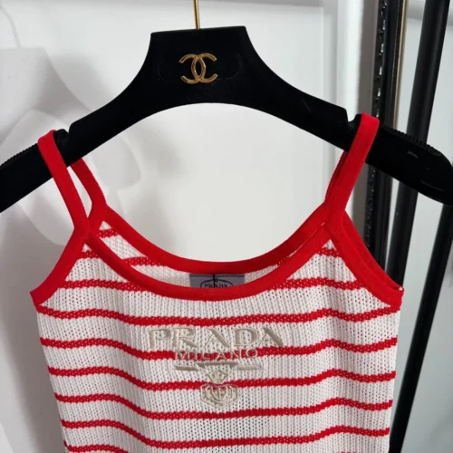 Prada Cutout Embroidered Striped Camisole Top