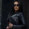 YSL Rhinestone Zip-Up Logo Leather Biker Jacket