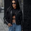 YSL Rhinestone Zip-Up Logo Leather Biker Jacket