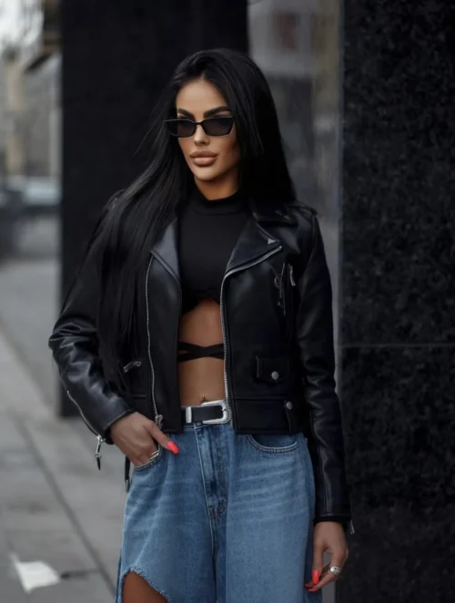 YSL Rhinestone Zip-Up Logo Leather Biker Jacket