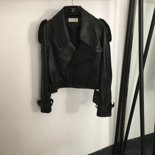 YSL Collared Cropped Leather Biker Jacket