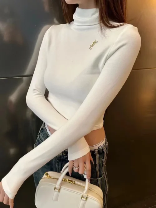 YSL Turtleneck Cropped Logo T-Shirt