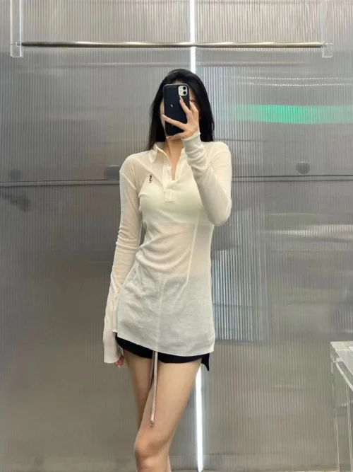YSL Sheer Embroidered Collared Slim-Fit Top