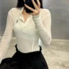 YSL Sheer Embroidered Collared Slim-Fit Top