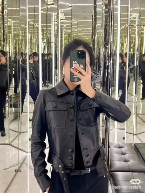 YSL Cropped Tie-Waist Leather Biker Jacket