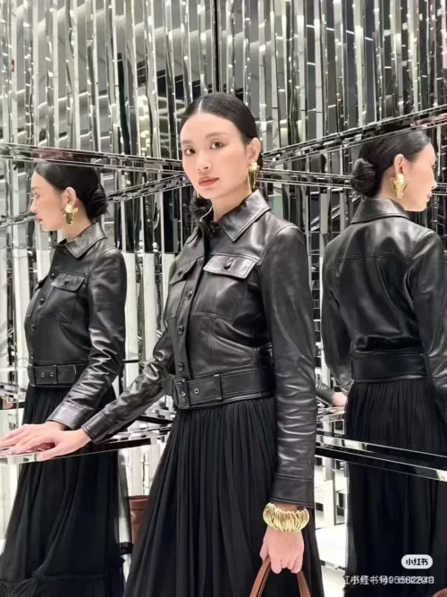 YSL Cropped Tie-Waist Leather Biker Jacket