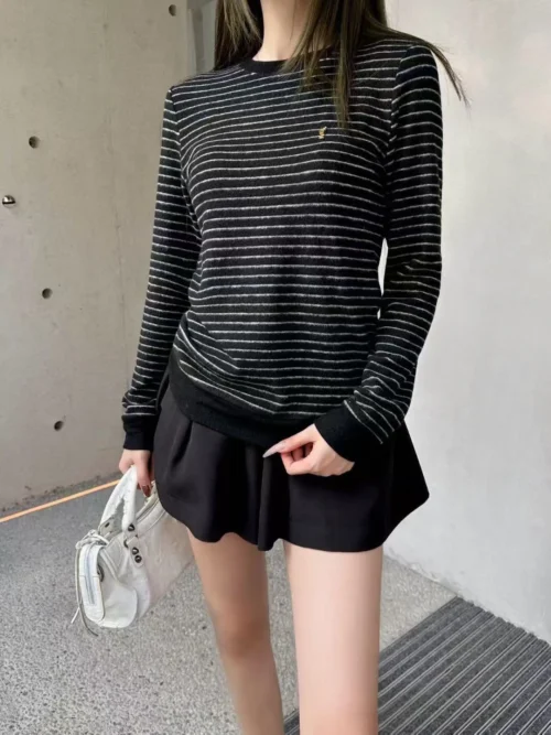 YSL Colorblock Striped Logo Knit Sweater