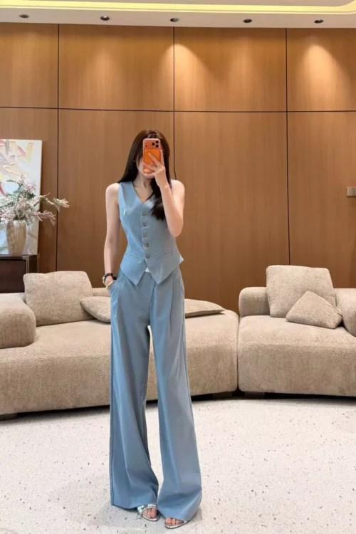 YSL Colorblock High-Waist Wide-Leg Logo Knit Jacket and Pants Set