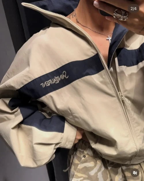 YSL Embroidered Colorblock Zip-Up Trench Jacket