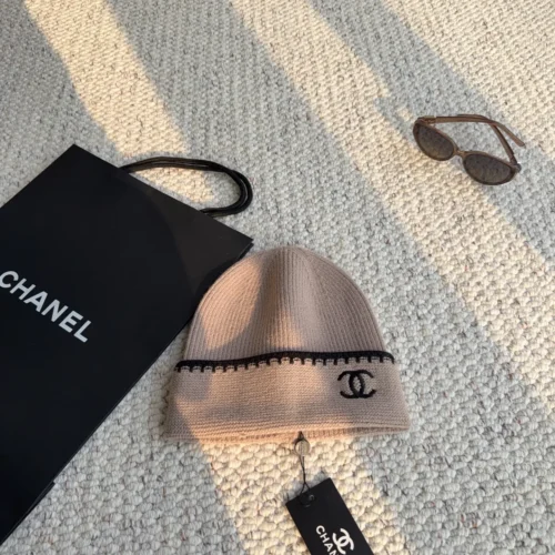 Chanel Ribbed Knitted Beanie with Black Contrast Stitching and CC Embroidery