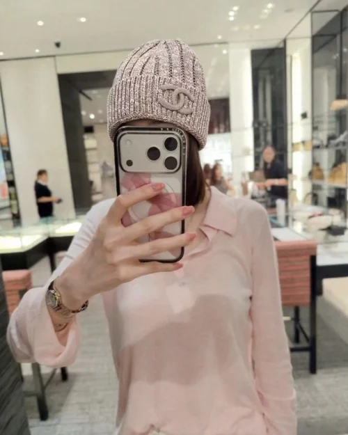 Chanel Melange Ribbed Cuffed Beanie with Raised Tonal Logo Embroidery