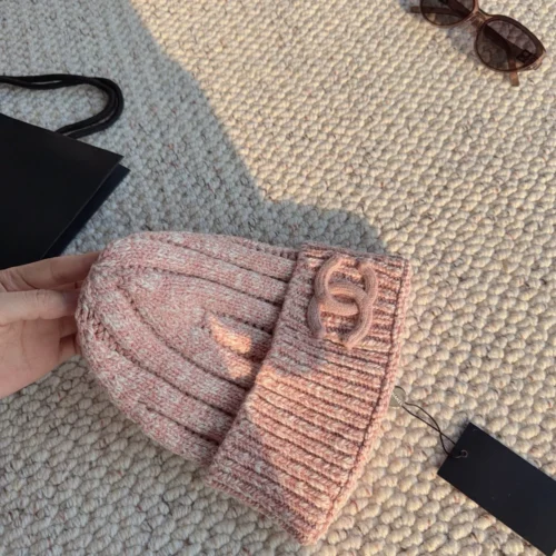 Chanel Melange Ribbed Cuffed Beanie with Raised Tonal Logo Embroidery