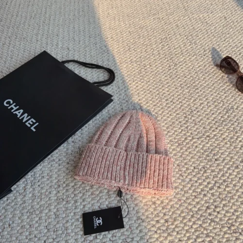 Chanel Melange Ribbed Cuffed Beanie with Raised Tonal Logo Embroidery