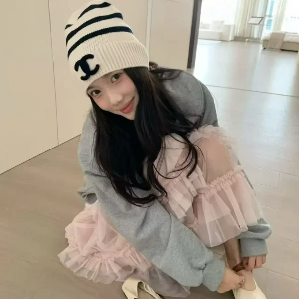 Chanel Black and White Striped Knitted Beanie with Raised CC Embroidery - Ref. HTCHANEL0010