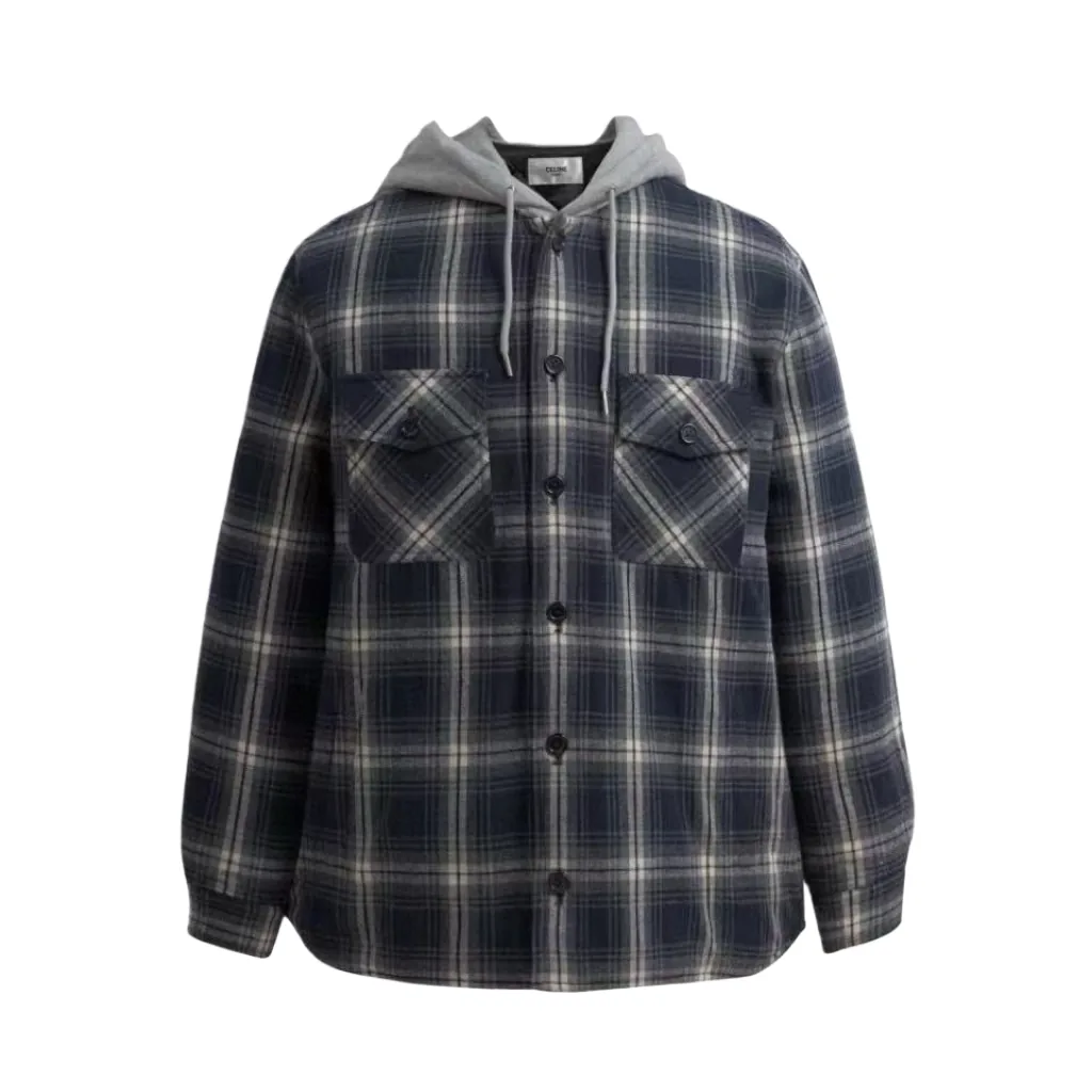 MWCELINE0042-01 Celine Men's Check-Pattern Hooded Cashmere Jacket