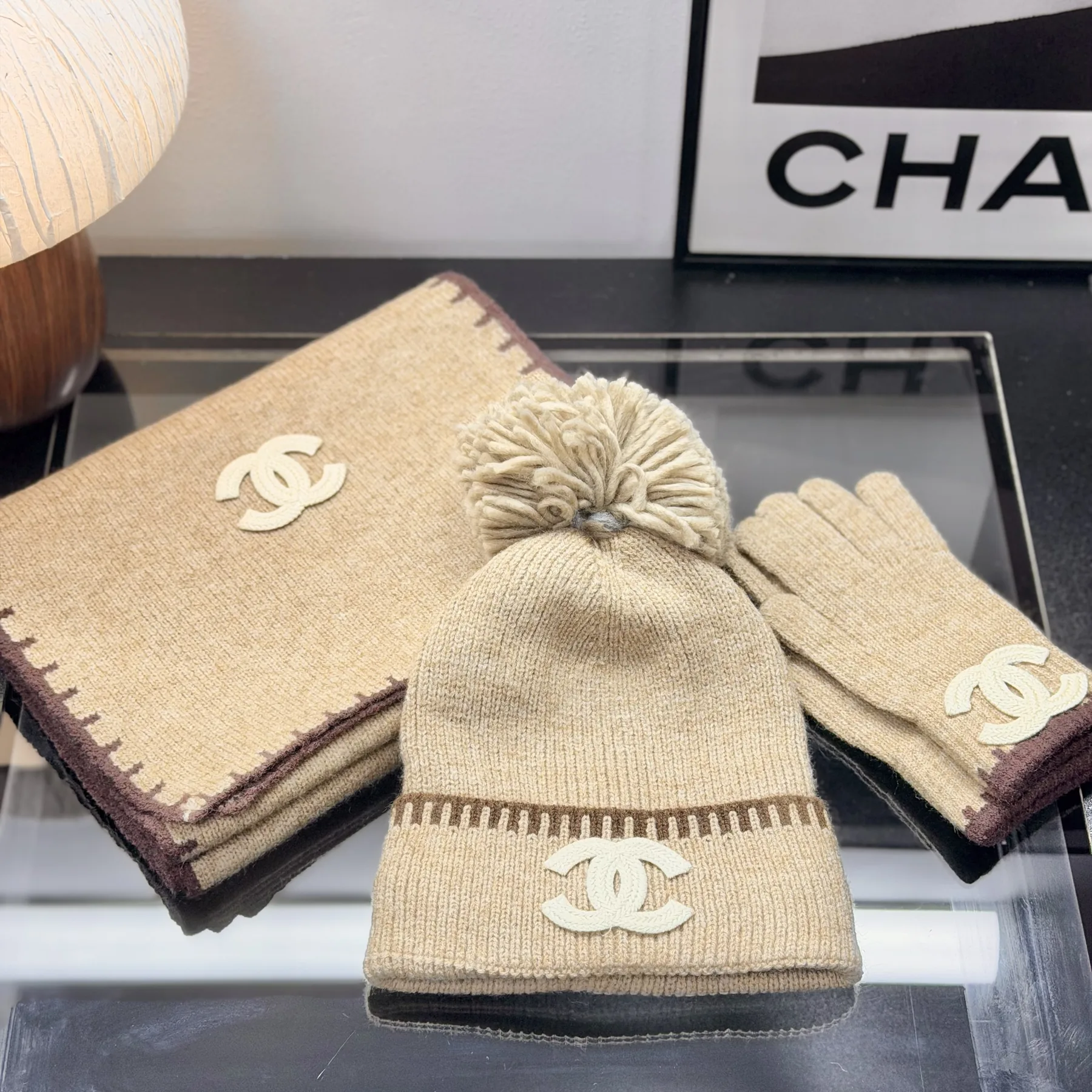 Chanel Wool-Acrylic Three-Piece Scarf, Pom-Pom Hat and Gloves Set