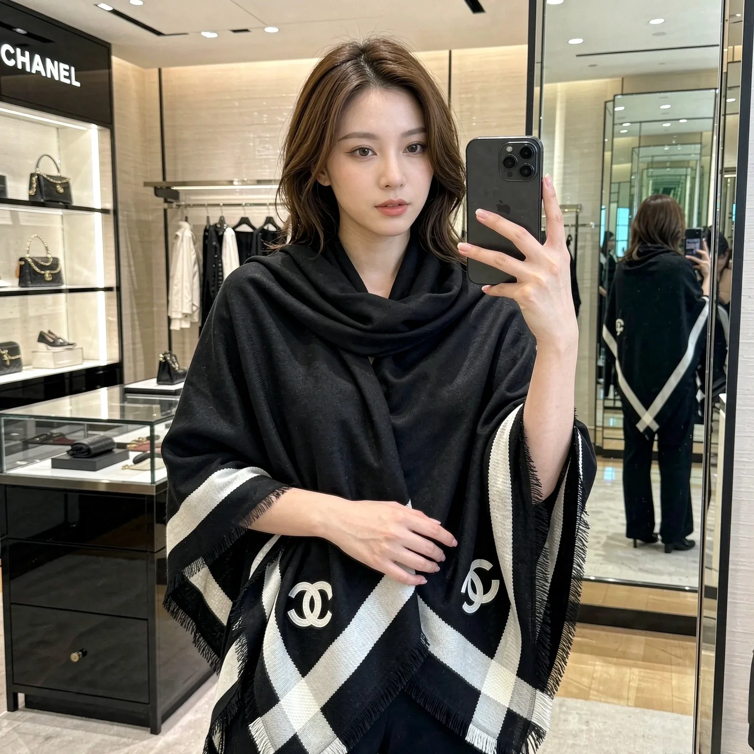 Chanel Ivory Shawl with a Contrasting Black Border - Ref. SCCHANEL0033