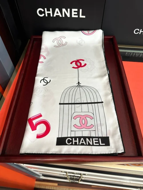Chanel Scarf with Lettering and Artistic Birdcage Motifs