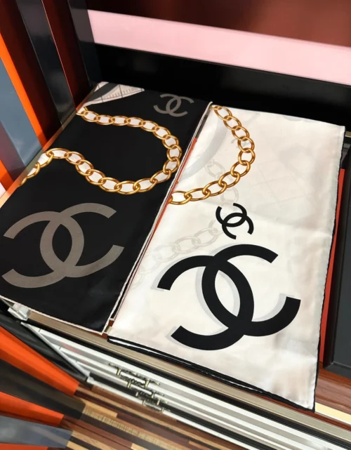Chanel Printed Scarf with a Central CC Motif, Lettered Border and Hand-Rolled Edges - Ref. SCCHANEL0075