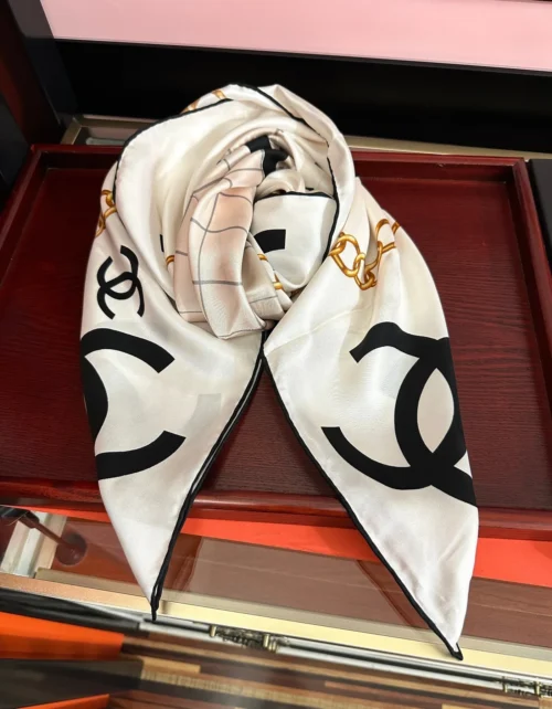 Chanel Printed Scarf with a Central CC Motif, Lettered Border and Hand-Rolled Edges - Ref. SCCHANEL0075
