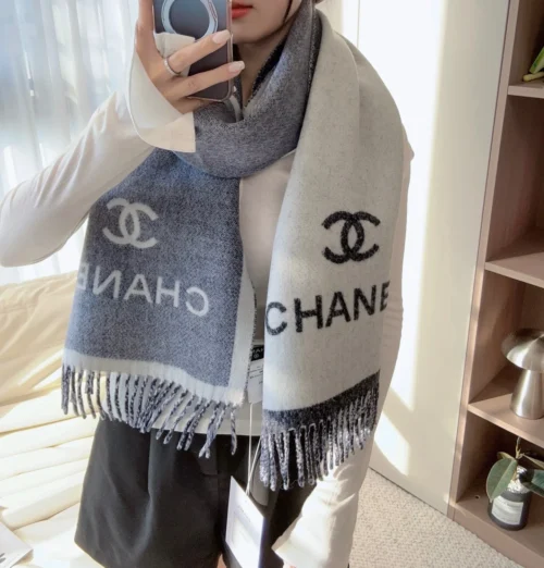 Chanel Reversible Colorblock Jacquard Scarf with Oversized Lettering and CC Motifs - Ref. SCCHANEL0133